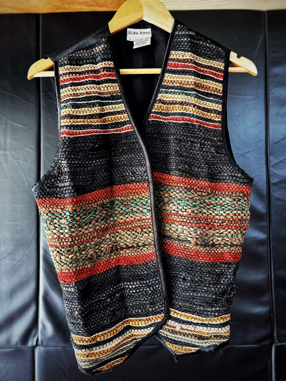 Regina Porter | Vintage 90s Boho Southwestern Woven Leather Vest - Women's L